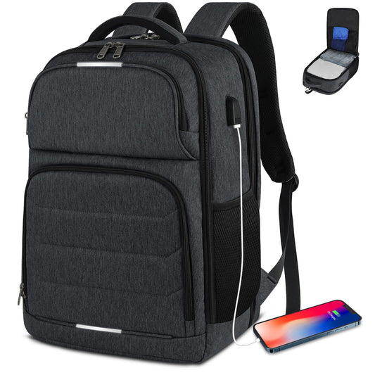 black business travel backpack with laptop compartment and professional storage design