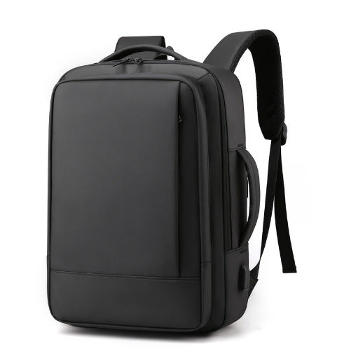 black expandable laptop backpack with usb charging port and laptop compartment