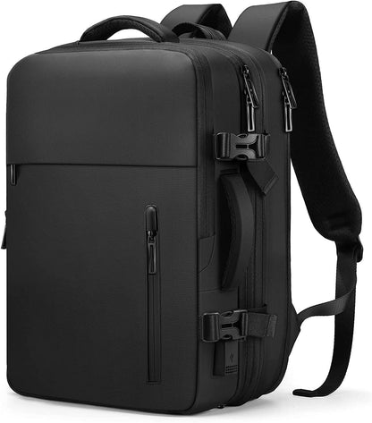 black expandable travel backpack with laptop compartment
