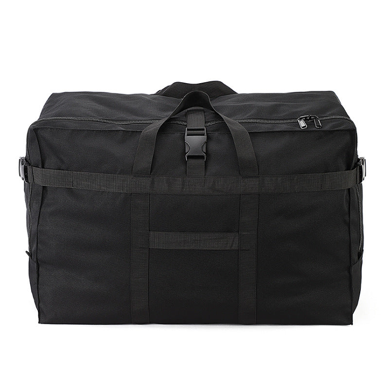 black extra large foldable travel bag with reinforced webbing top handles side straps and buckle closure