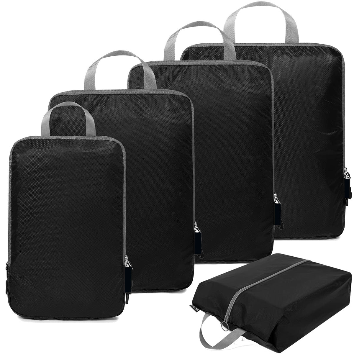black four size compression packing cubes with double zipper closures and carry handles