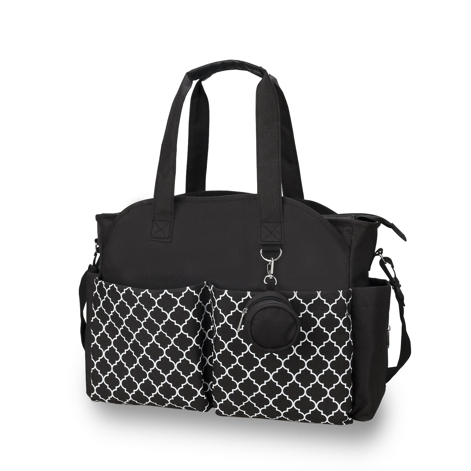 black geometric diaper bag tote with multiple compartments