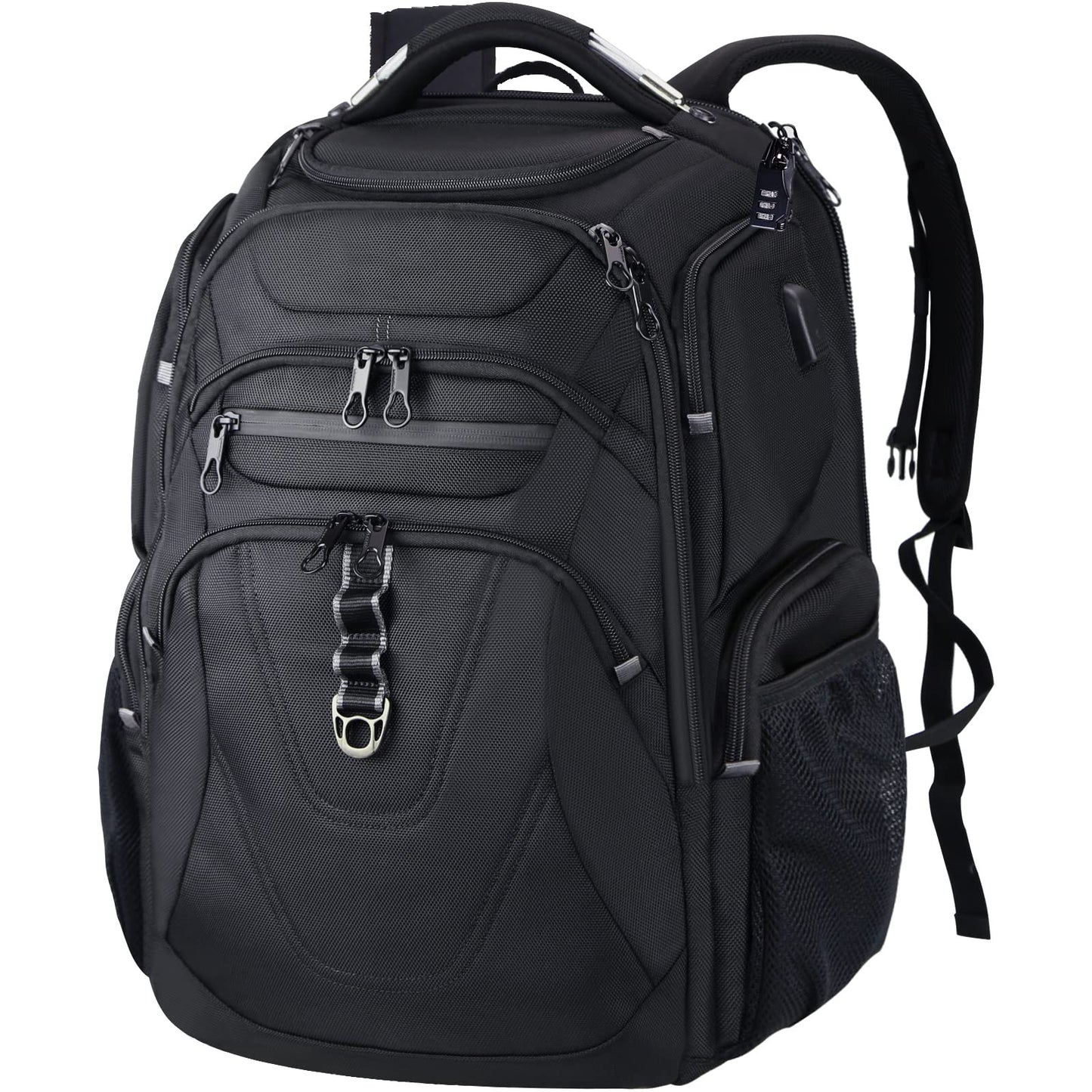black gray business travel laptop backpack with multiple compartments