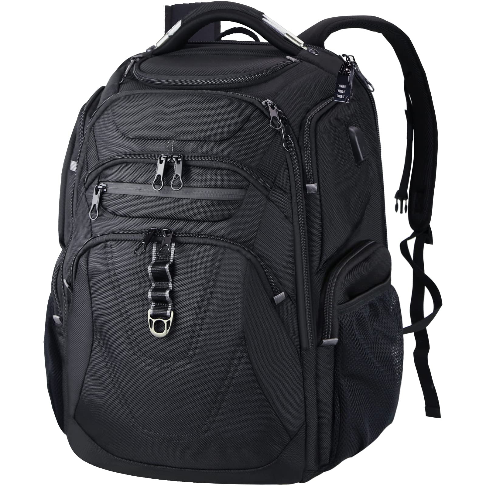 black gray business travel laptop backpack with multiple compartments