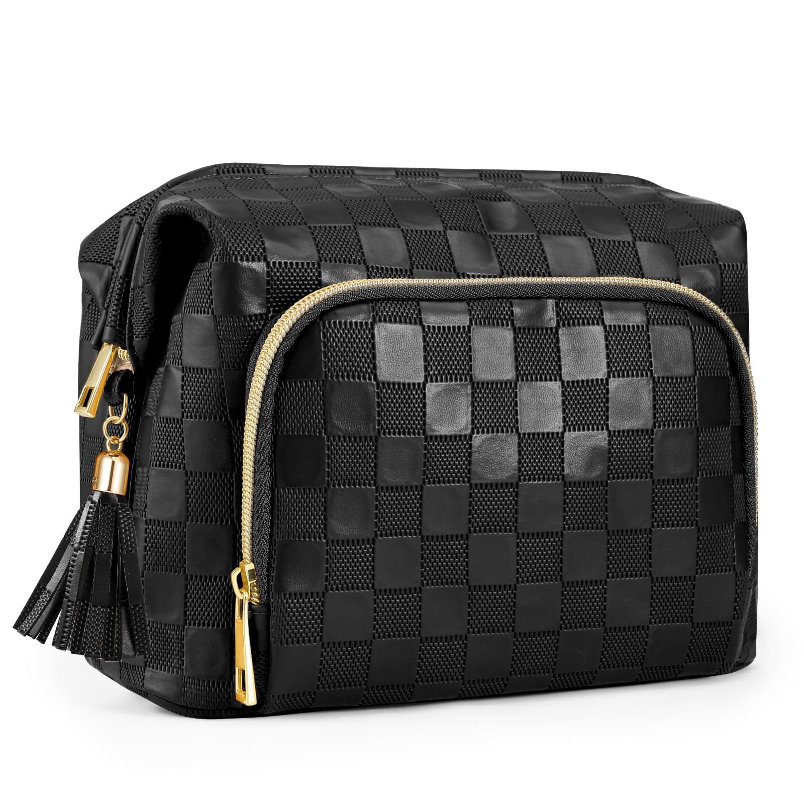 black leather cosmetic bag with checkerboard pattern and tassel decoration 02