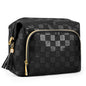 black leather cosmetic bag with checkerboard pattern and tassel decoration 02