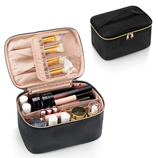 black leather cosmetic bag with makeup storage handle design