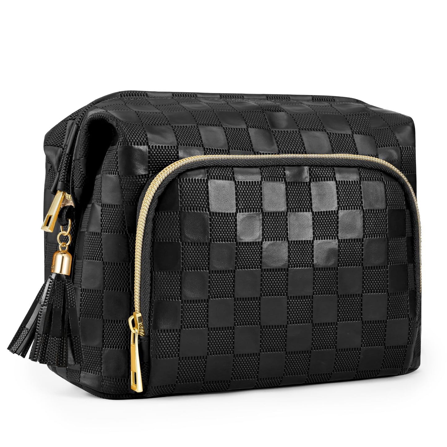 black leather cosmetic bag with checkerboard pattern and tassel decoration