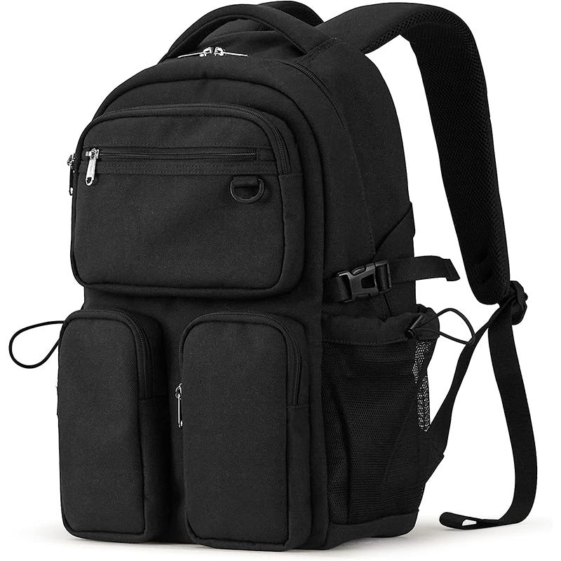 black multifunctional travel laptop backpack with front pockets and ergonomic shoulder straps