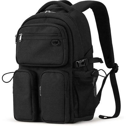 black multifunctional travel laptop backpack with front pockets and ergonomic shoulder straps