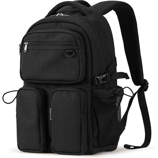 black multifunctional travel laptop backpack with front pockets and ergonomic shoulder straps