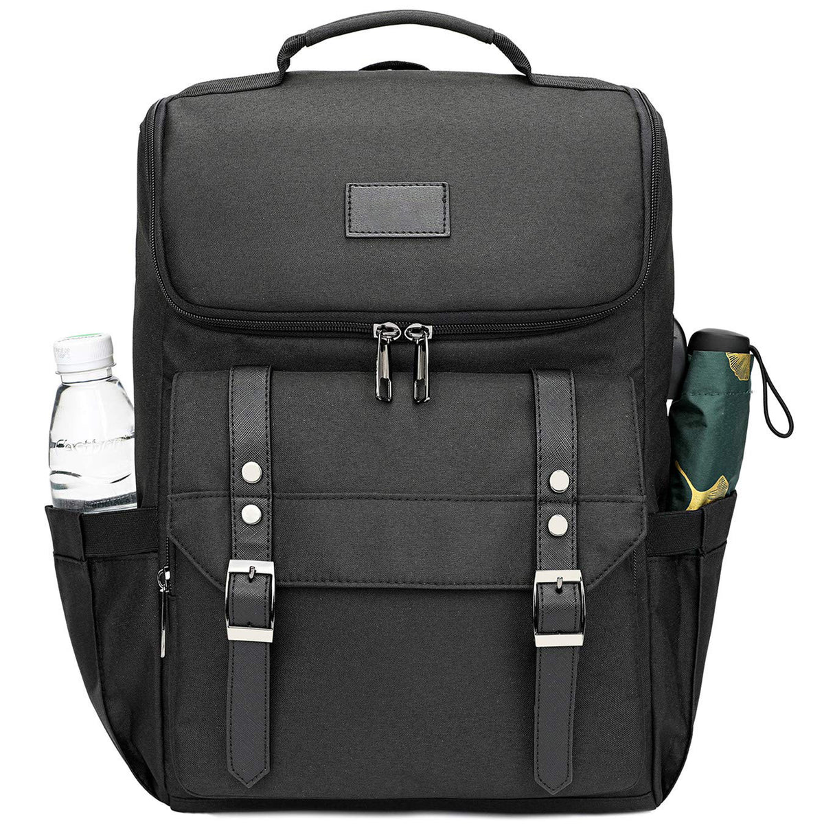 black private label laptop backpack with structured flap front and dual side pockets