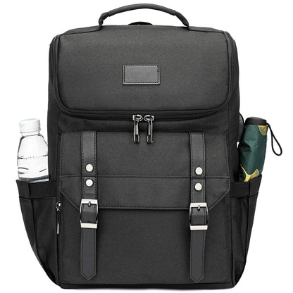 black private label laptop backpack with structured flap front and dual side pockets