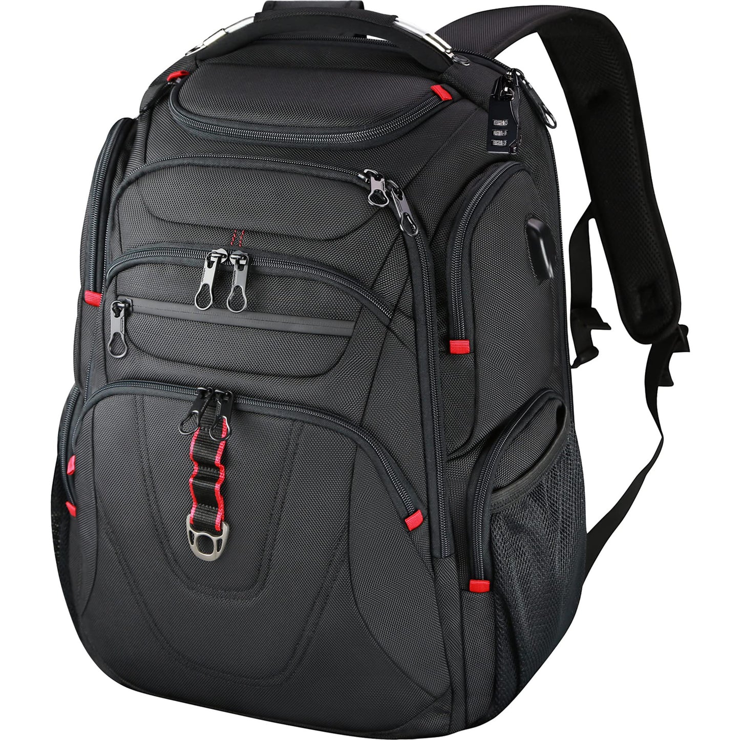 black red custom business backpack with multiple compartments