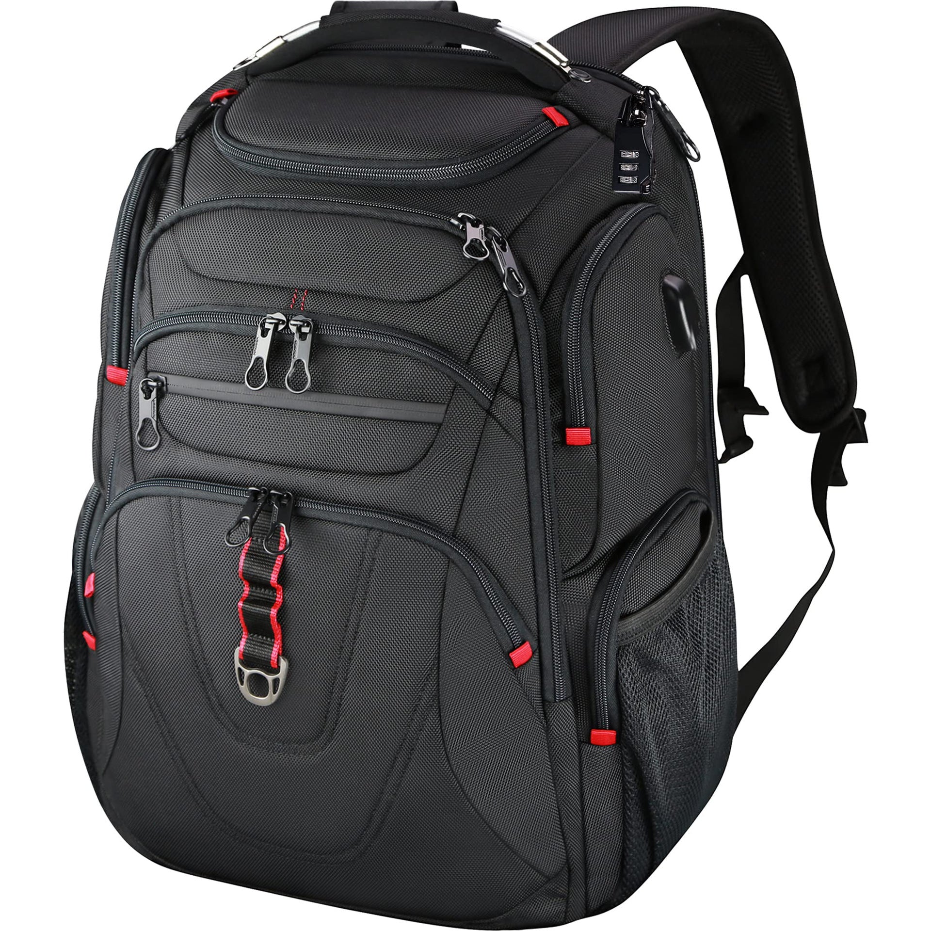 black red custom business backpack with multiple compartments