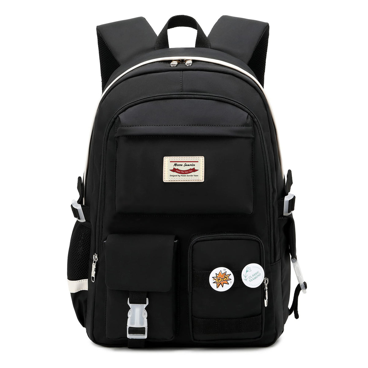 black school laptop backpack with multi-pocket front organization and side storage