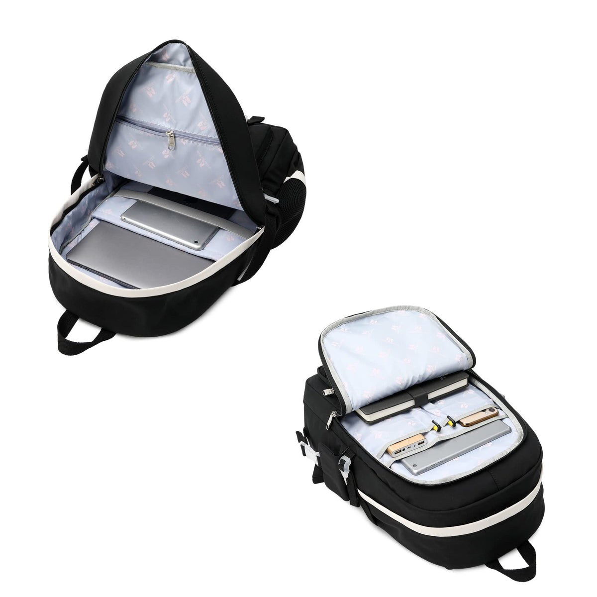 black student laptop backpack with organized interior compartments for school supplies and electronics