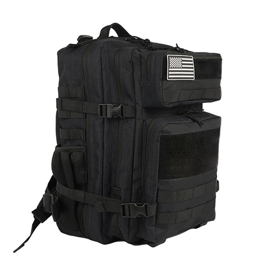 black tactical backpack front view with molle system and multiple storage pockets