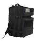 black tactical backpack front view with molle system and multiple storage pockets