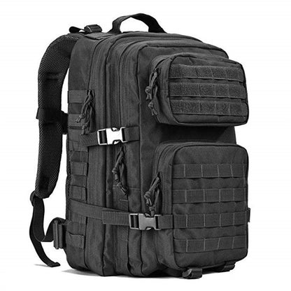 black tactical backpack with multiple compartments and molle webbing