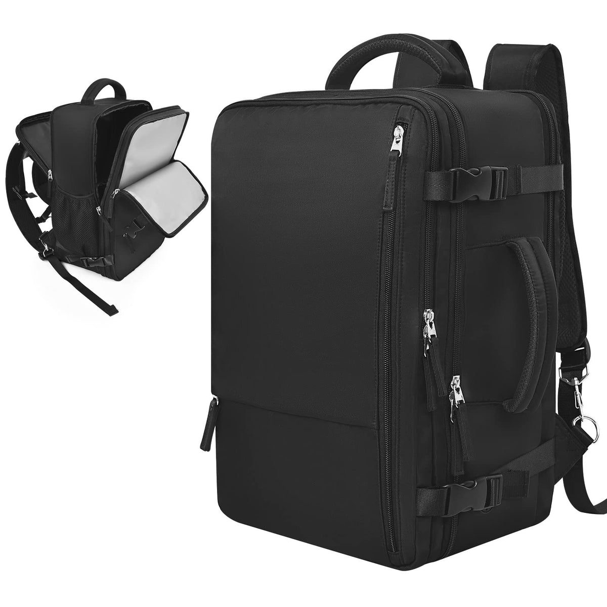 black travel laptop backpack with luggage sleeve side handle compression buckles and multiple compartments