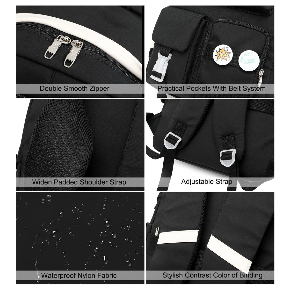 black water-resistant school backpack with smooth double zippers padded straps and adjustable webbing