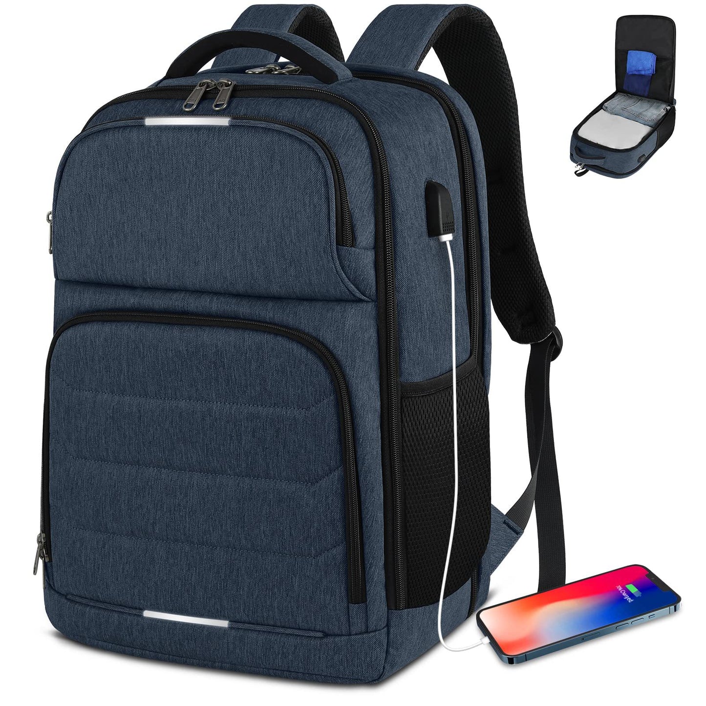 blue business travel backpack with laptop compartment and custom color option