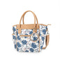 blue floral baby diaper bag tote with insulated bottle pocket and crossbody strap