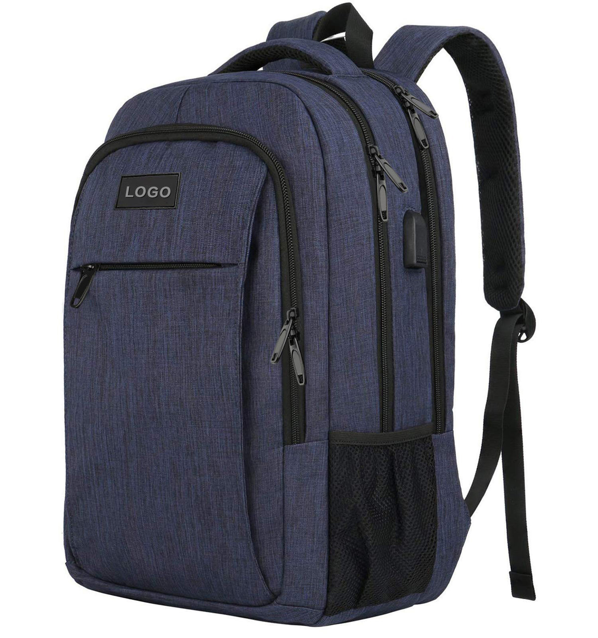 blue laptop backpack with multiple storage compartments