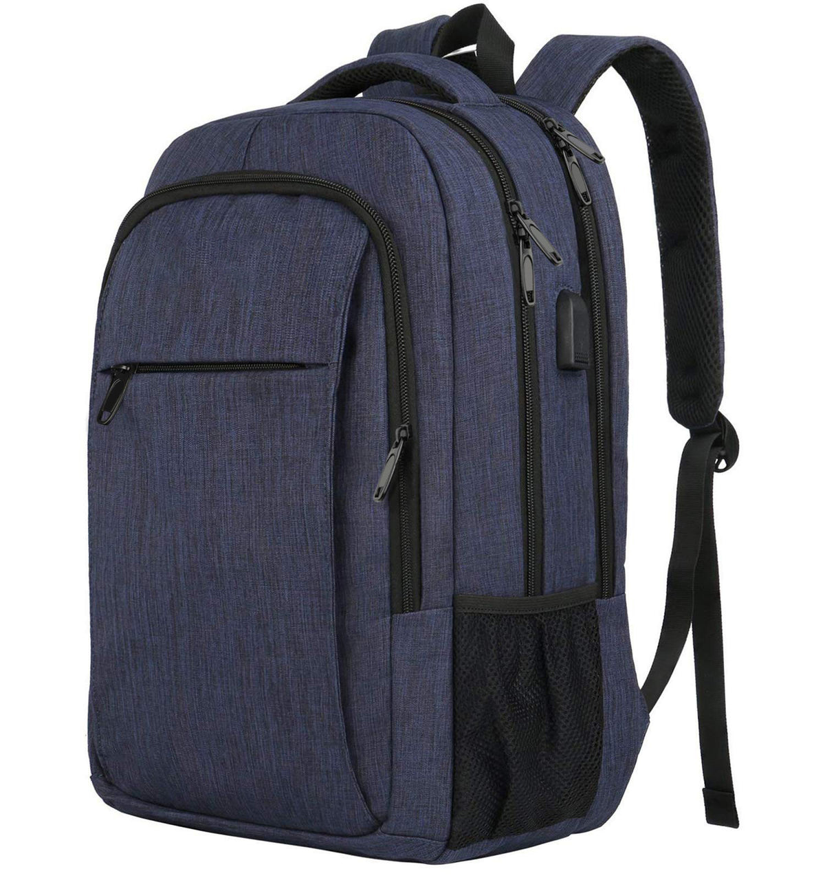 blue office travel backpack with laptop storage side mesh pockets and adjustable padded straps
