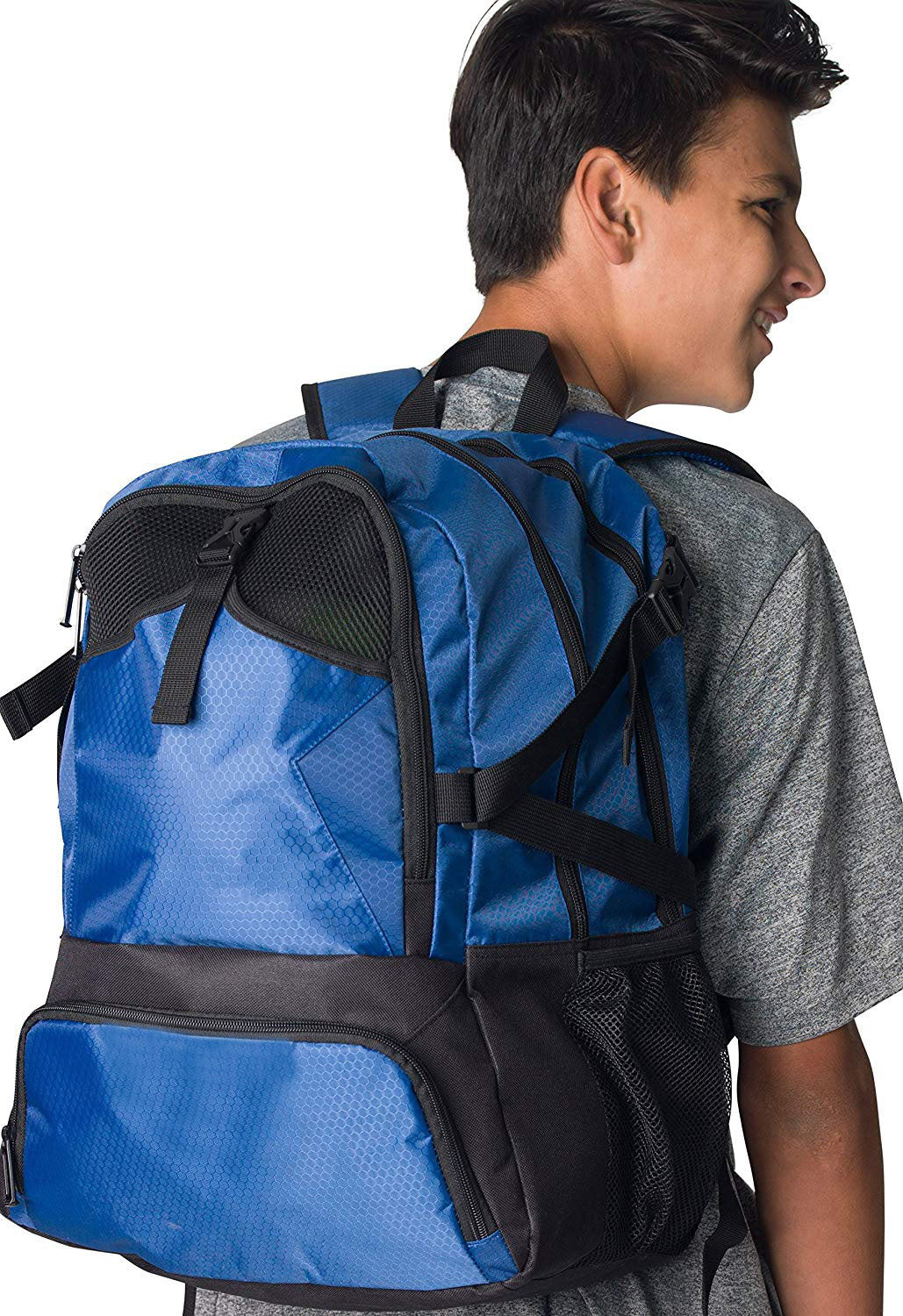 blue sports backpack for kids with ball compartment