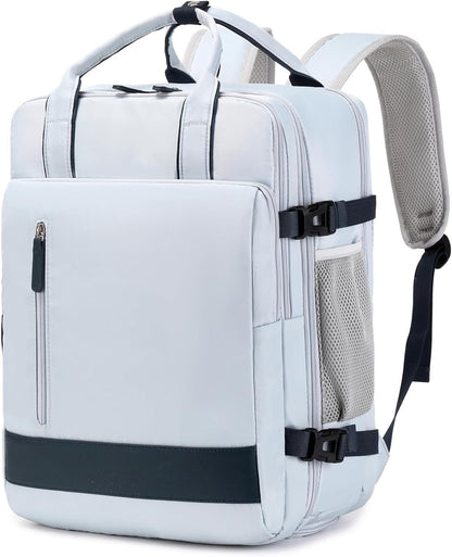 blue travel backpack with luggage sleeve and multiple compartments