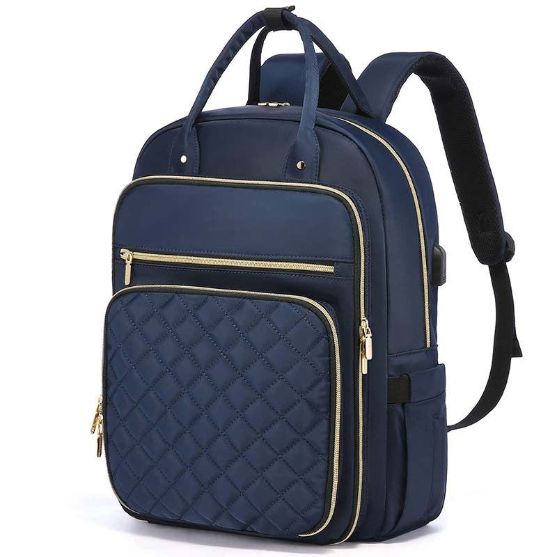 blue women's travel backpack with laptop compartment