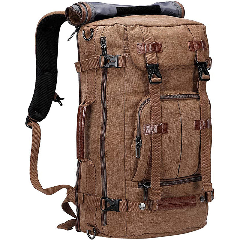 brown canvas carry on backpack with convertible travel bag design