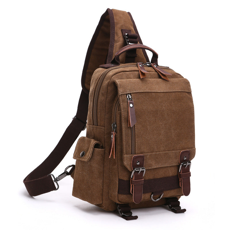 brown canvas rucksack backpack with one shoulder strap