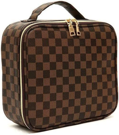 brown checkerboard cosmetic bag with waterproof pu material