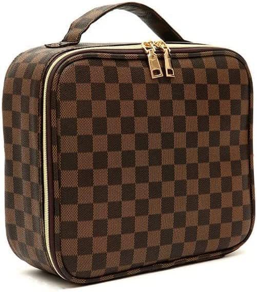 brown checkerboard travel makeup bag with top handle design