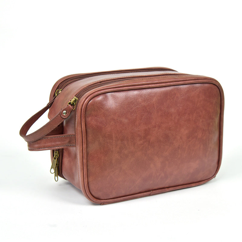 brown leather cosmetic bag for men with large capacity travel storage