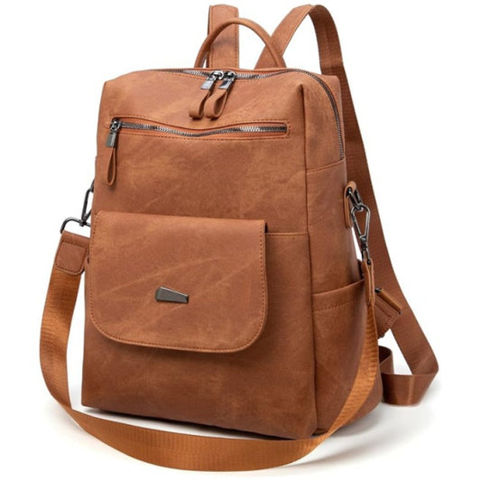 brown pu leather womens backpack with front flap pocket and adjustable shoulder straps