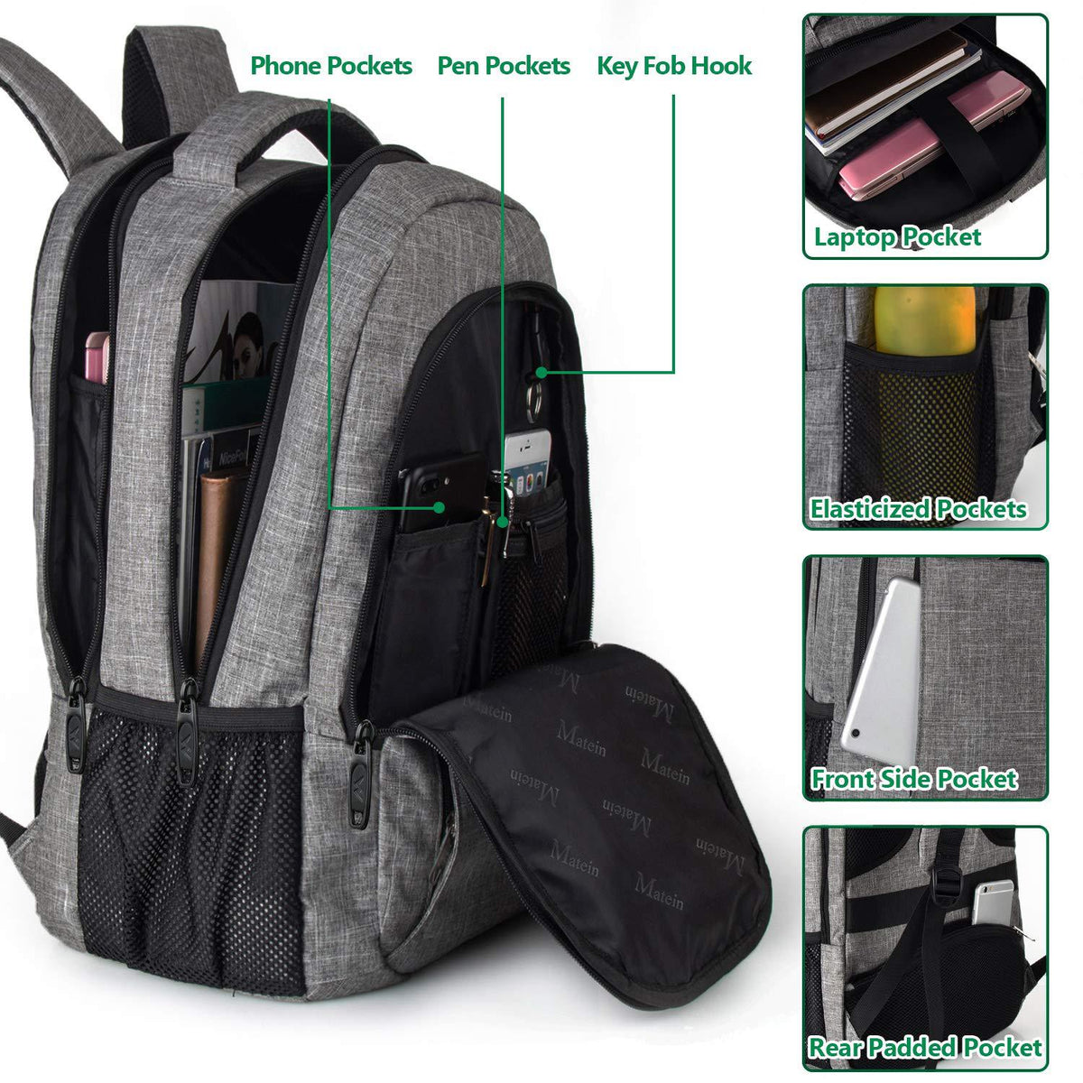 business backpack organizer with laptop pocket phone pockets pen storage key hook and elastic side pockets