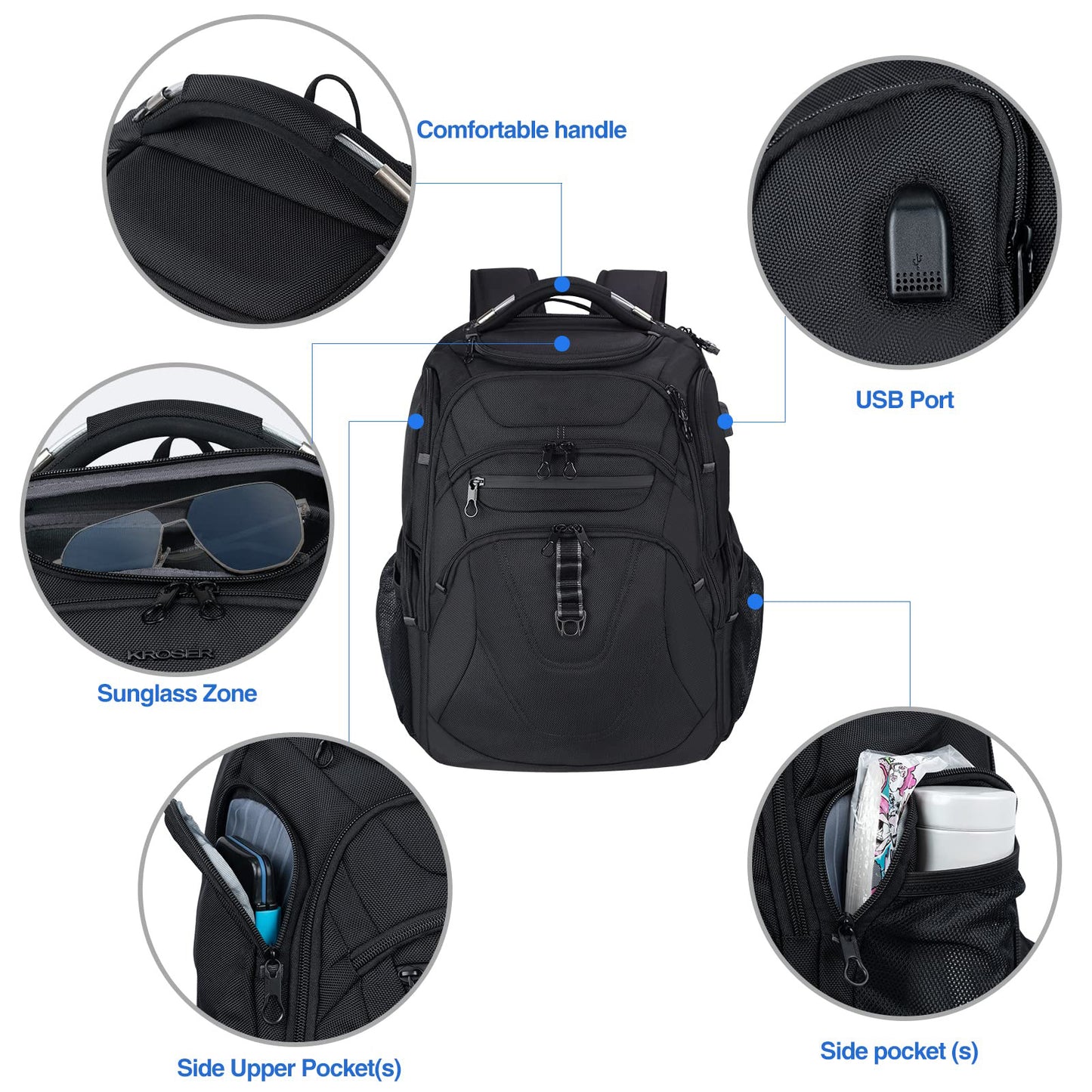 business backpack with usb port side pockets and comfortable handle