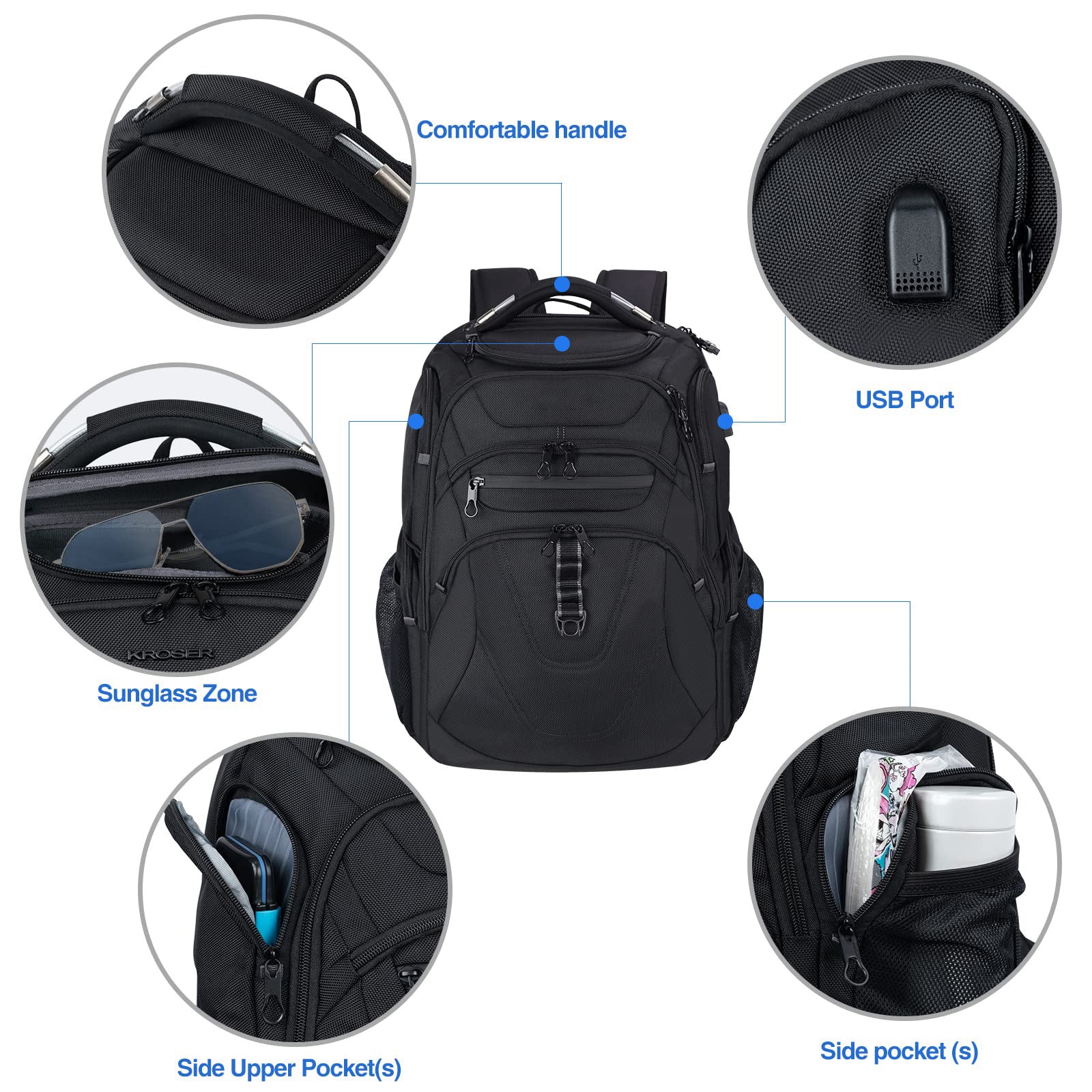 business backpack with usb port side pockets and comfortable handle
