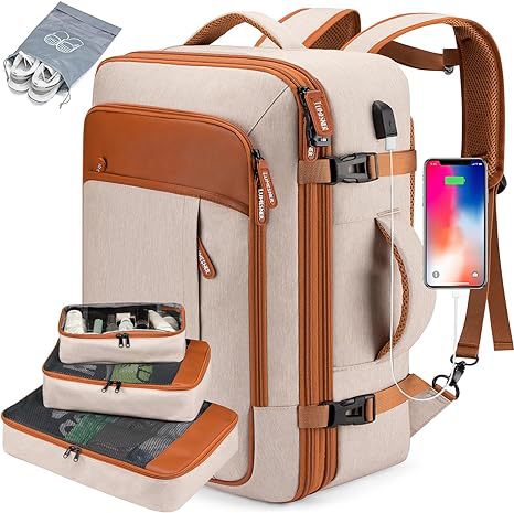 beige fanlosn business backpack with organizer,front