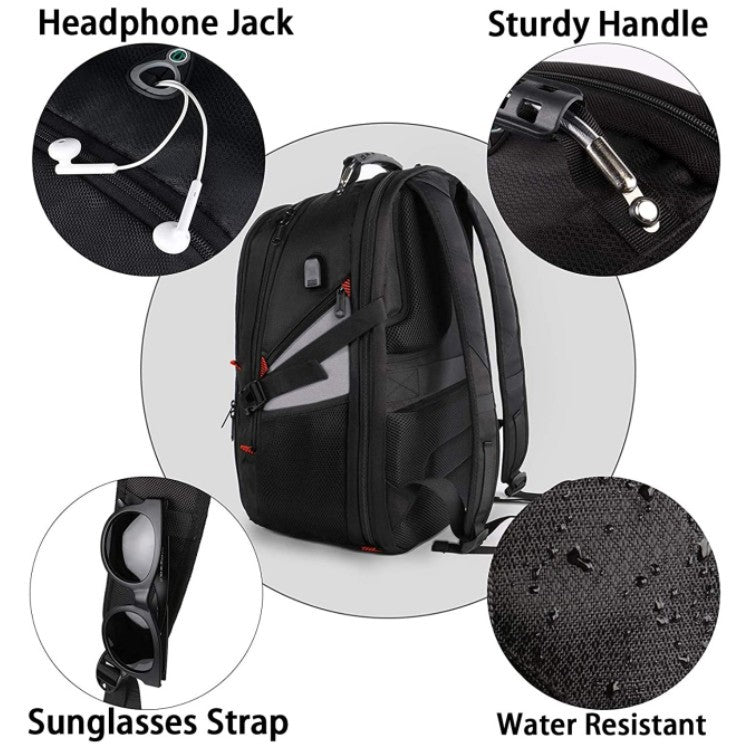 business travel backpack with headphone jack sunglasses strap and water resistant fabric