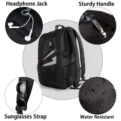 business travel backpack with headphone jack sunglasses strap and water resistant fabric