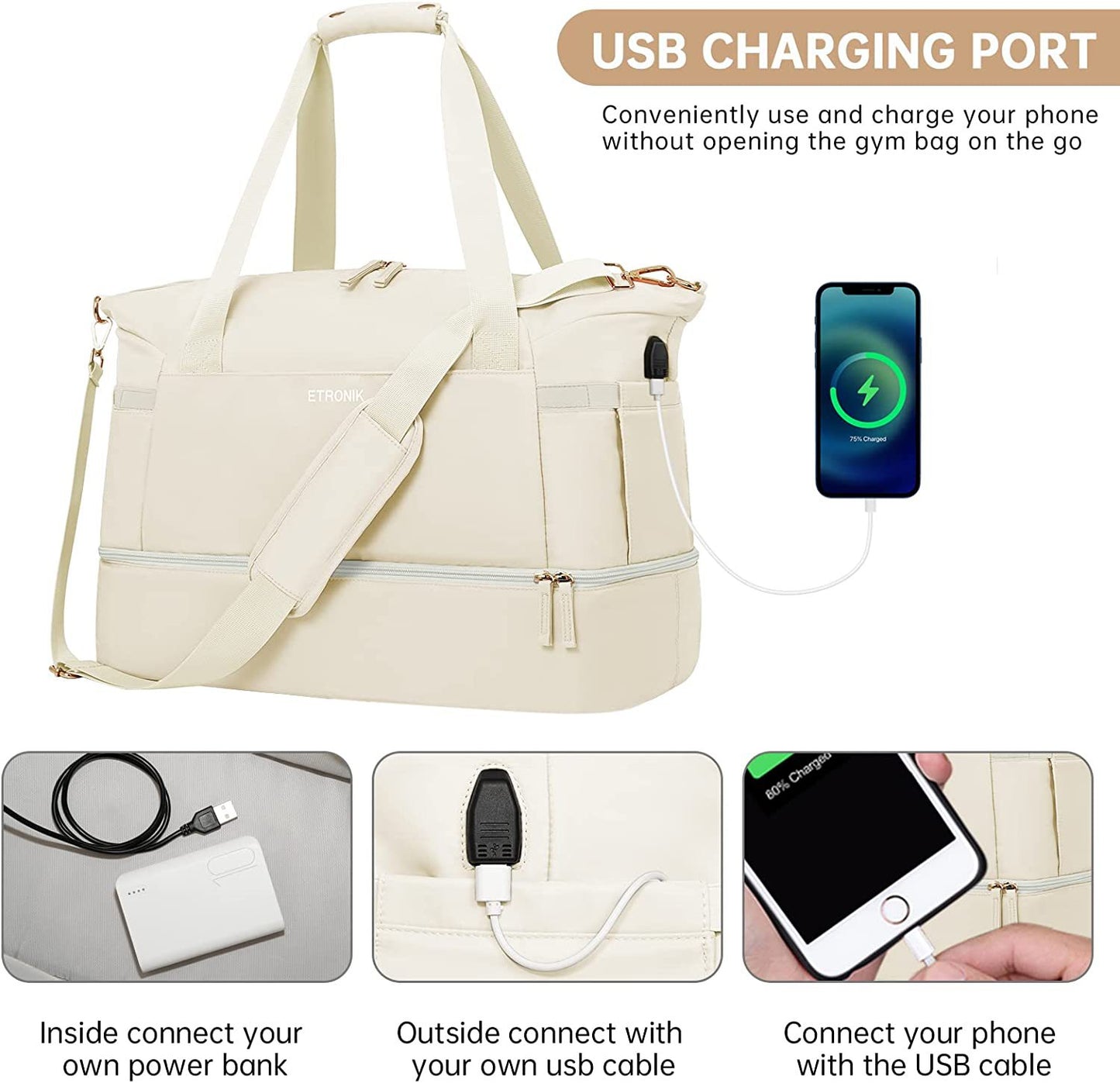 Customizable Women's Fitness Bag with Usb Charging Port Sports Travel Yoga Bag