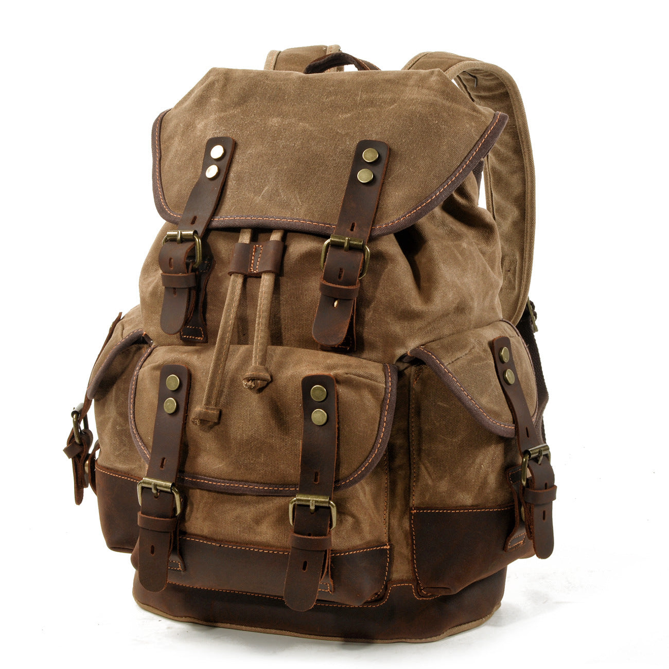 khaki canvas leather backpack with genuine leather straps and vintage outdoor design