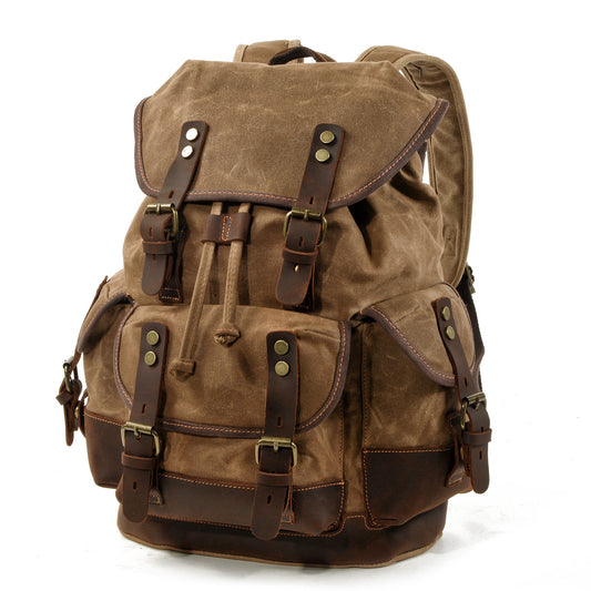 khaki canvas leather backpack with genuine leather straps and vintage outdoor design