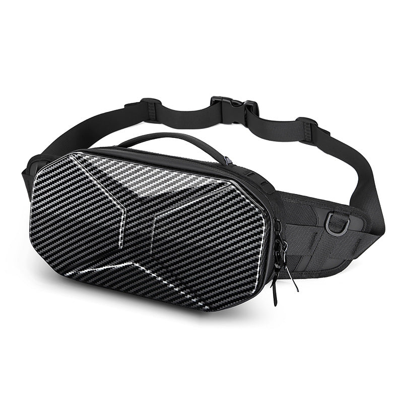 carbon fiber pattern hard shell waist pack with diagonal weave look geometric molded front and adjustable black belt