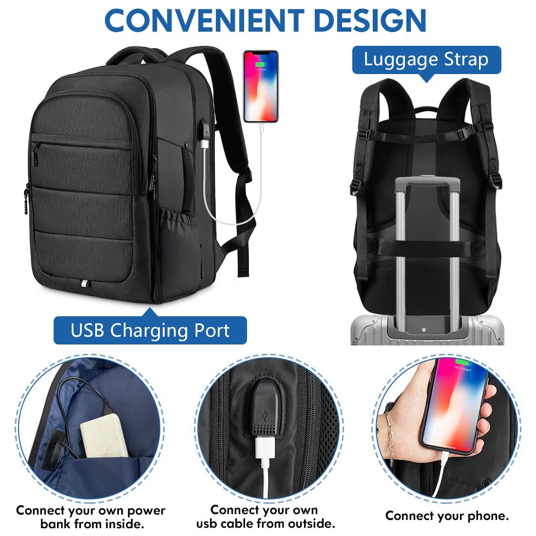 carry on backpack with usb charging port and luggage sleeve for travel